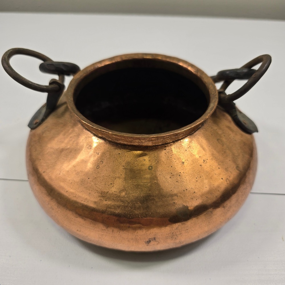 Antique Hand Hammered Copper Cauldron Wrought Iron Handle Dovetail Primitive Pot - Picture 5 of 8